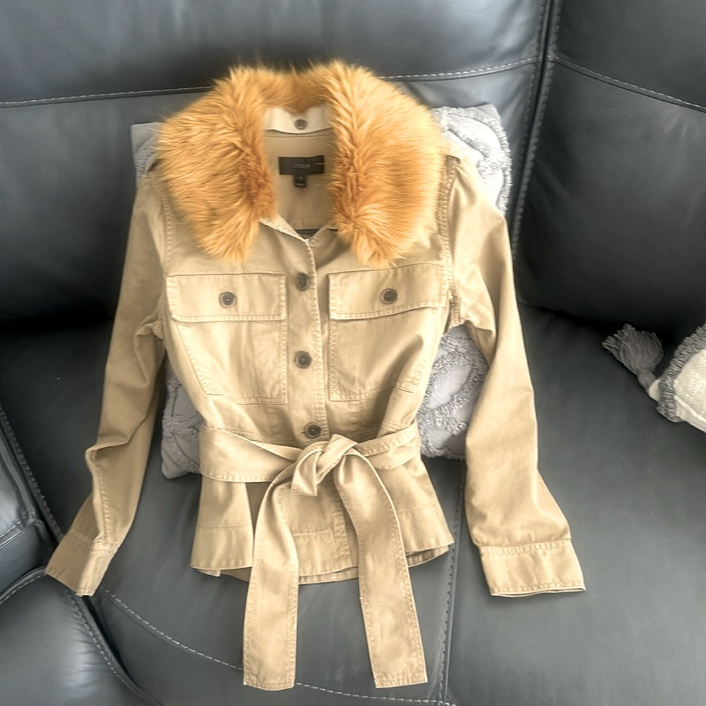 J Crew peplum khaki jacket size small with detachable faux fur collar
